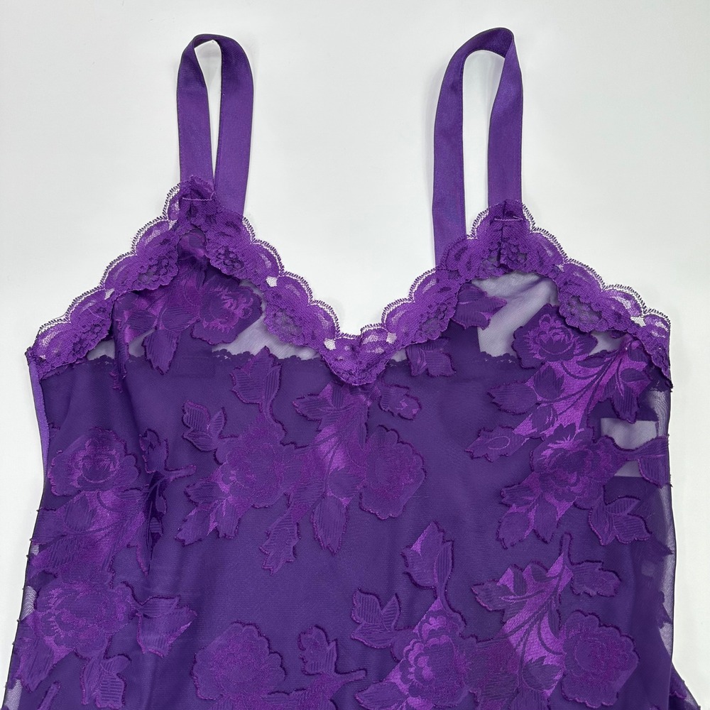 Vintage 70s Sopre Lingerie Purple Floral Lace Teddy Bodysuit Ruffle Trim Small - Picture 3 of 6